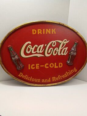 Vintage Oval Wood Coca Cola Sign 3D Raised Bottles
